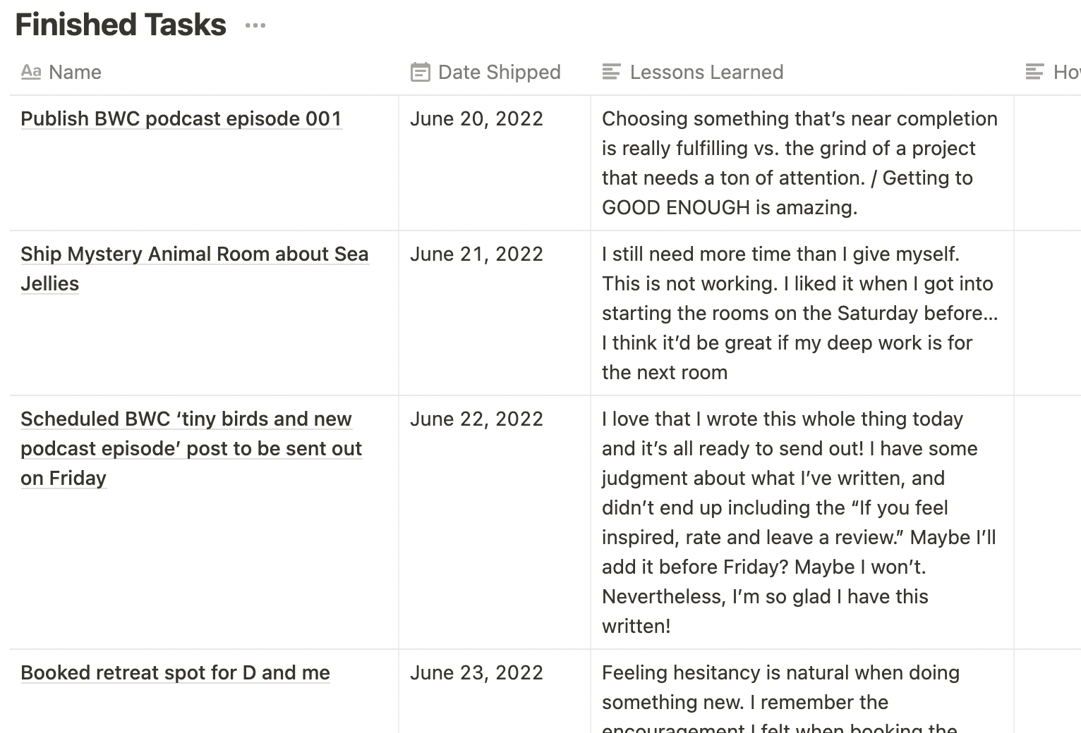 screenshot of three and a half rows of the Finished Tasks table database with columns Name, Date Shipped, and Lessons Learned. For full text, email cassandra@bewithcassandra.com and I will provide the text.