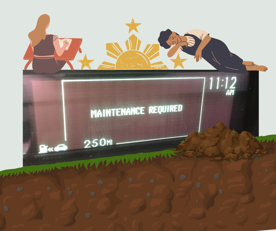 collage of grainy shot of "maintenance required" image on the car dashboard with a drawing of the back of a person writing at a small table, a sun and star design, and a person with eyes closed and resting. Below the "maintenance required" photo is an image of grass and dirt and a mound of dirt.