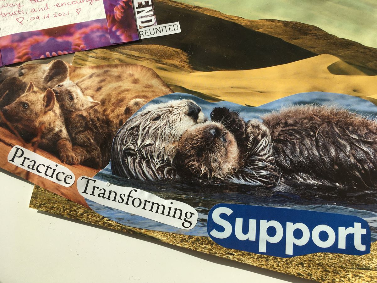 collage handwriting&magazine cutouts glued, animal families rest with desert bkgrd,print wrds-practice transforming support